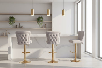 Lot 2 Tabourets de Bar Gabrielle Velours Beige Pieds Gold Hauteur Assise 65cm