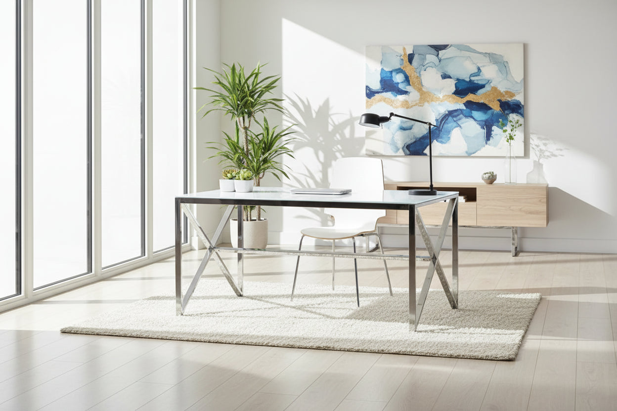 Table à manger MAJESTIQUE Chrome Plateau en verre trempé #couleur_marbré-blanc