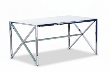 Table à Manger Chrome Verre Trempé Marbré Blanc – 150×90 cm – MAJESTIQUE
