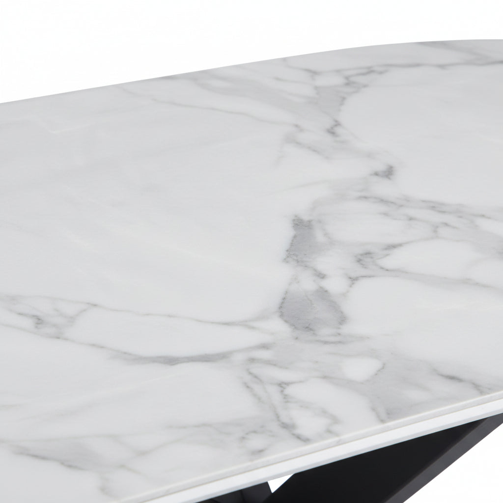 Table à Manger MANON – 200x90 cm – Céramique Marbre Blanc & Pied Métal Noir