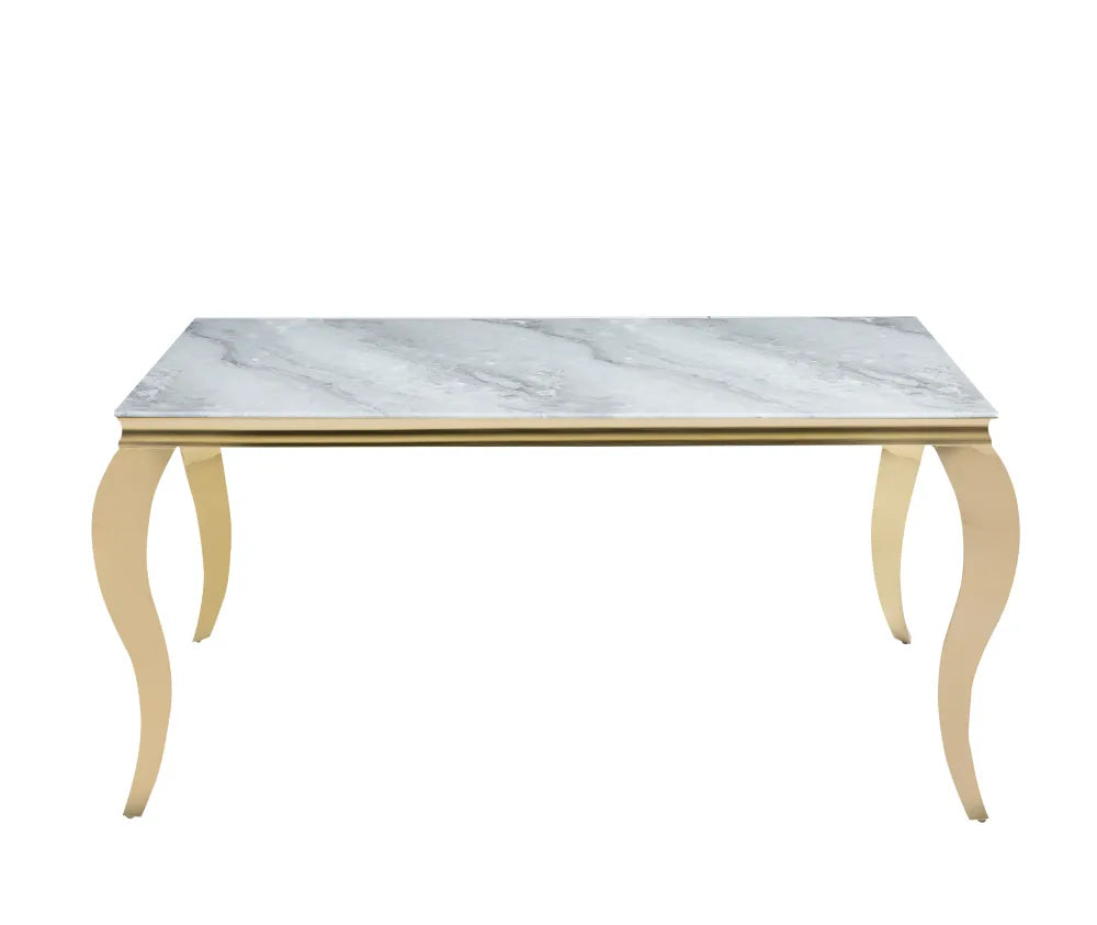 Table à manger BAROQUE 4 à 6 couverts pieds gold plateau en verre 150x90 cm #couleur_marbré-greige
