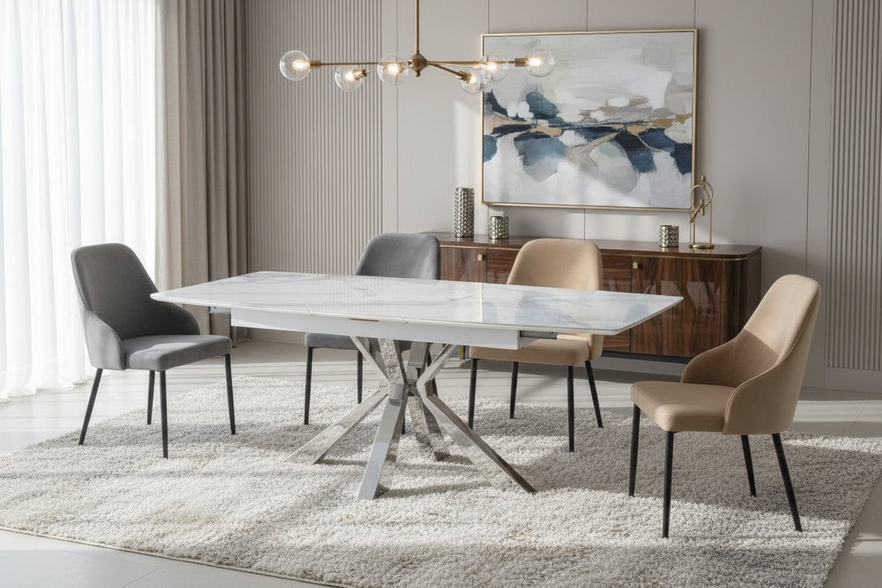 Table à manger extensible plateau Céramique Marbré blanc Chrome -BIANCA