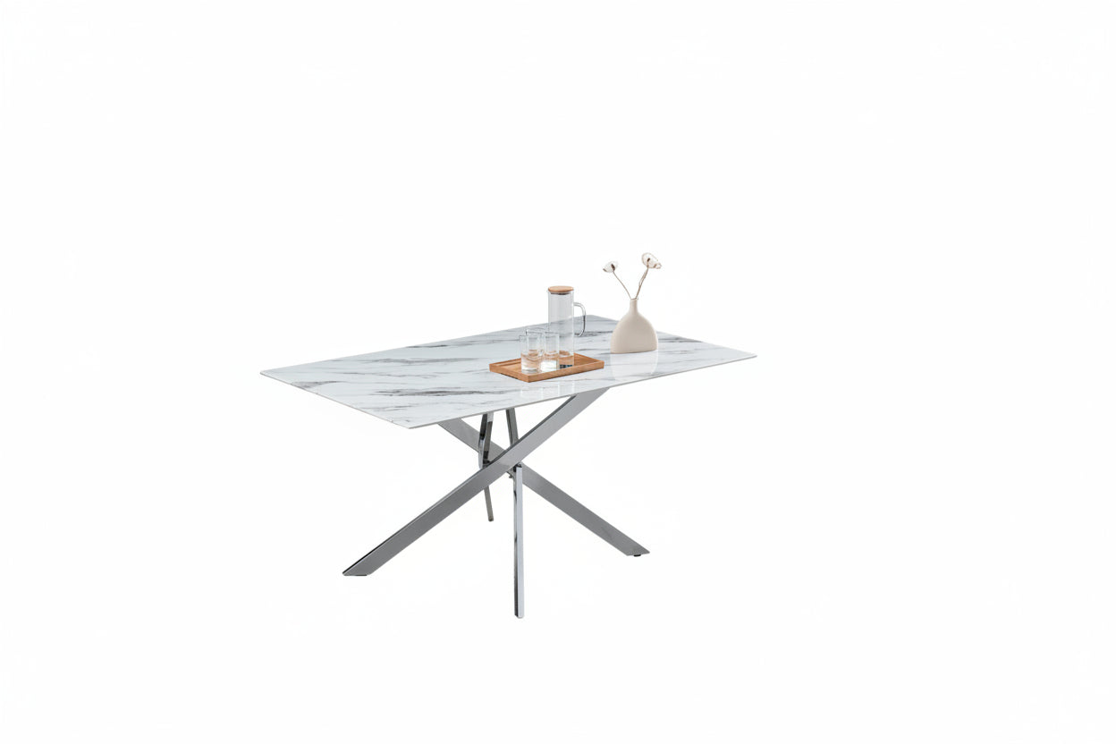 Table Repas JESSICA Chrome et plateau en verre 150 cm 4 à 6 couverts effet marbré blanc