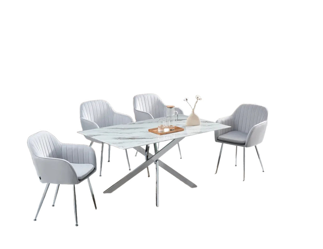Table Repas JESSICA XXL Chrome et plateau en verre MARBRE BLANC 180 cm 6 à 8 couverts