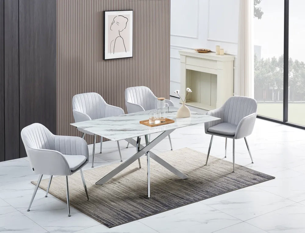 Table Repas JESSICA Chrome et plateau en verre 150 cm 4 à 6 couverts effet marbré blanc