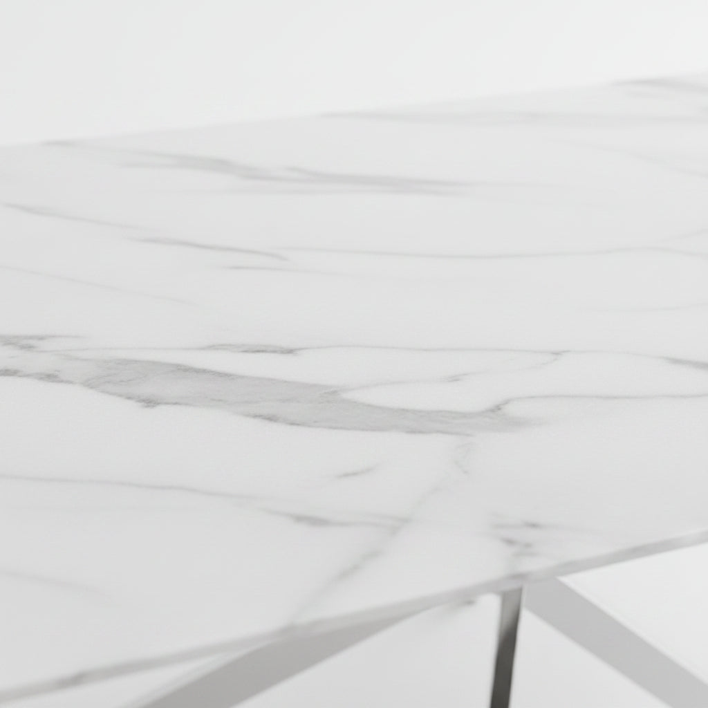 Table Repas JESSICA XXL Chrome et plateau en verre MARBRE BLANC 180 cm 6 à 8 couverts