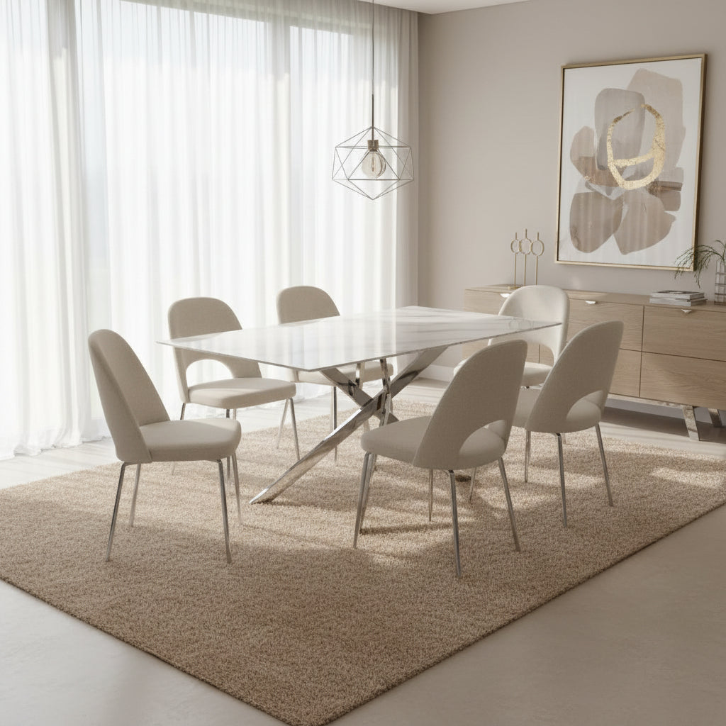 Table Repas JESSICA XXL Chrome et plateau en verre MARBRE BLANC 180 cm 6 à 8 couverts
