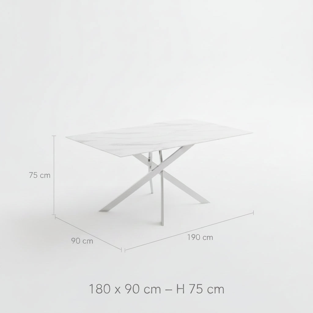 Table Repas JESSICA XXL Chrome et plateau en verre MARBRE BLANC 180 cm 6 à 8 couverts