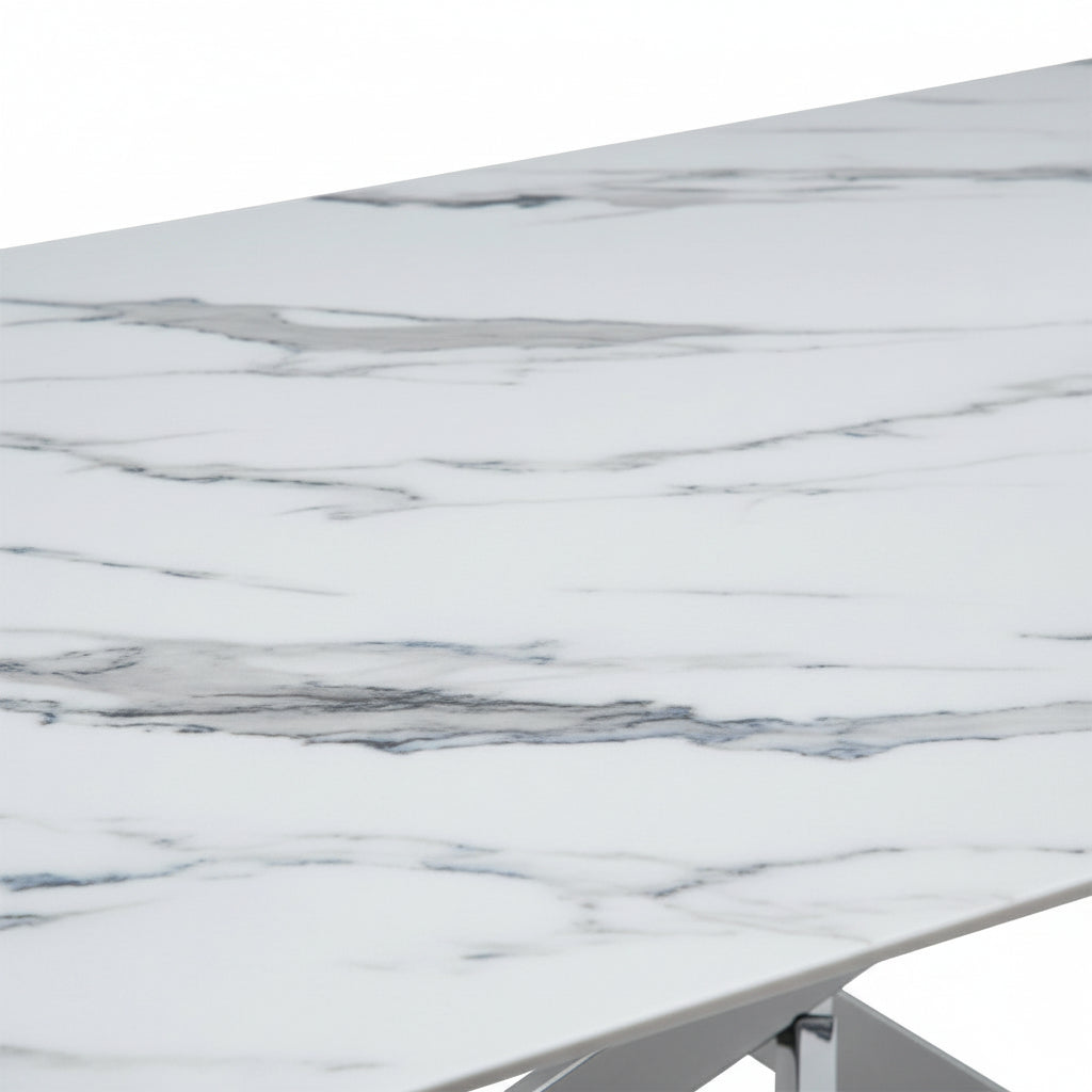 Table Repas JESSICA Chrome et plateau en verre 150 cm 4 à 6 couverts effet marbré blanc