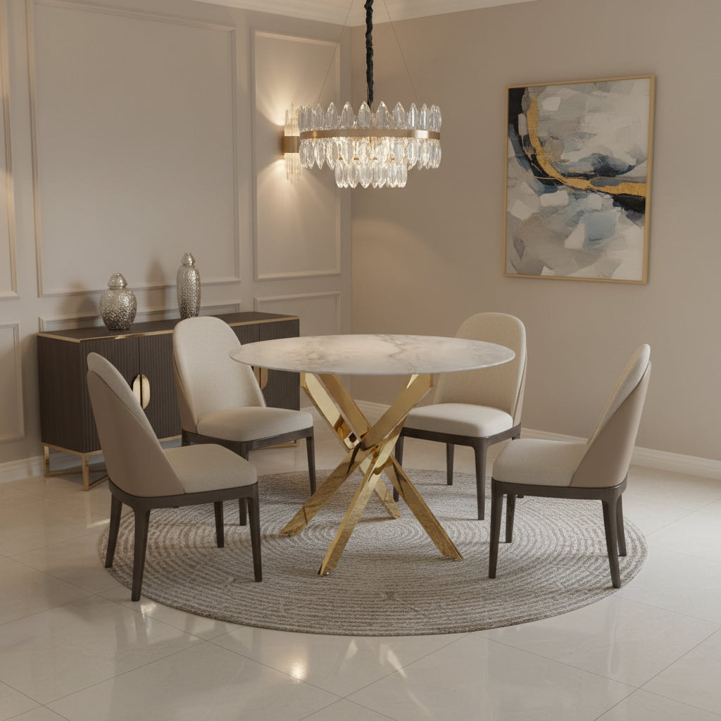 Table à manger ronde JESSICA Gold 100 cm 4 couverts #couleur_marbré-gris