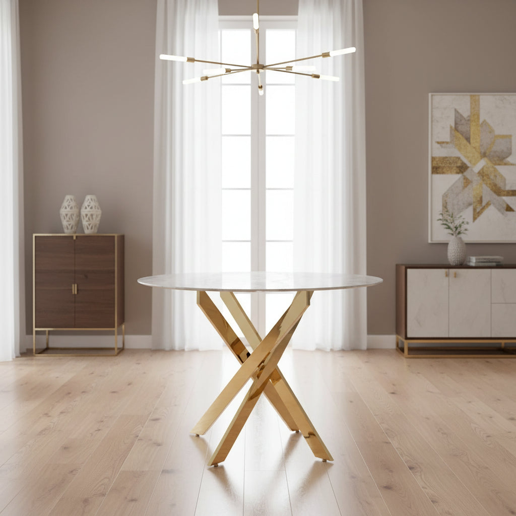 Table à manger ronde JESSICA Gold 100 cm 4 couverts #couleur_marbré-gris