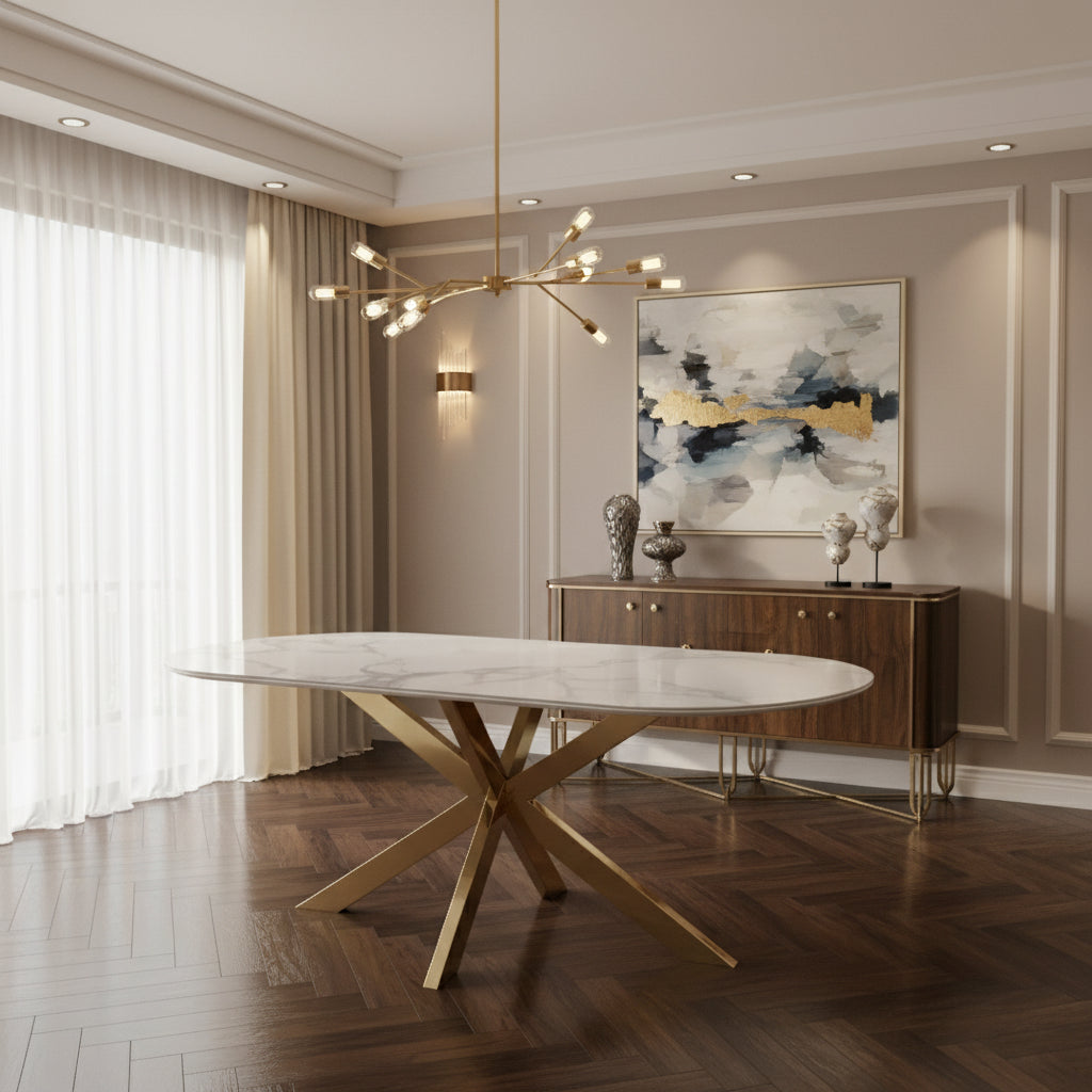 Table à Manger MANON – 200x90 cm – Céramique Marbre Blanc & Pied Gold