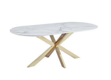 Table à Manger MANON – 200x90 cm – Céramique Marbre Blanc & Pied Gold