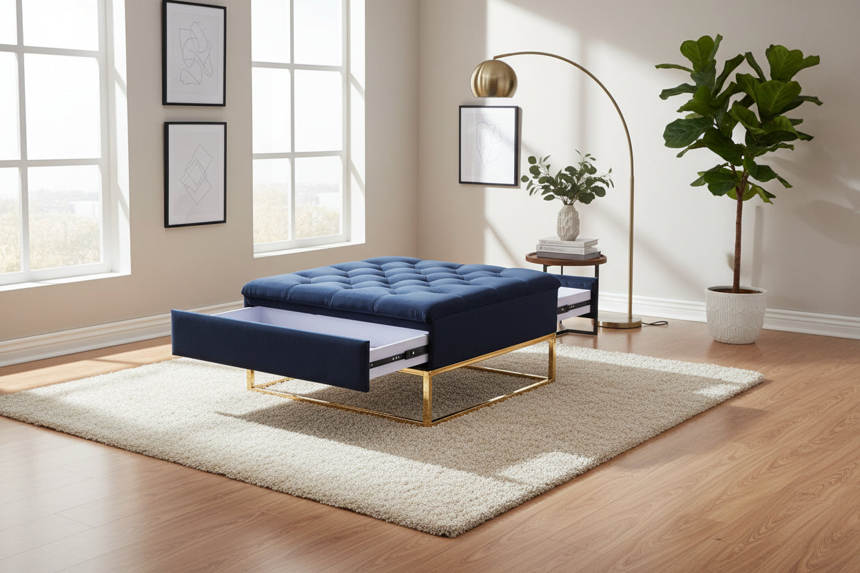 Pouf Coffre TIROIRS Carré Plateau Velours Capitonné Noir 80x80x43cm 2 Tiroirs