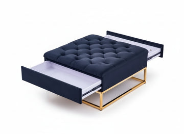 Pouf Coffre TIROIRS Carré Plateau Velours Capitonné Noir 80x80x43cm 2 Tiroirs