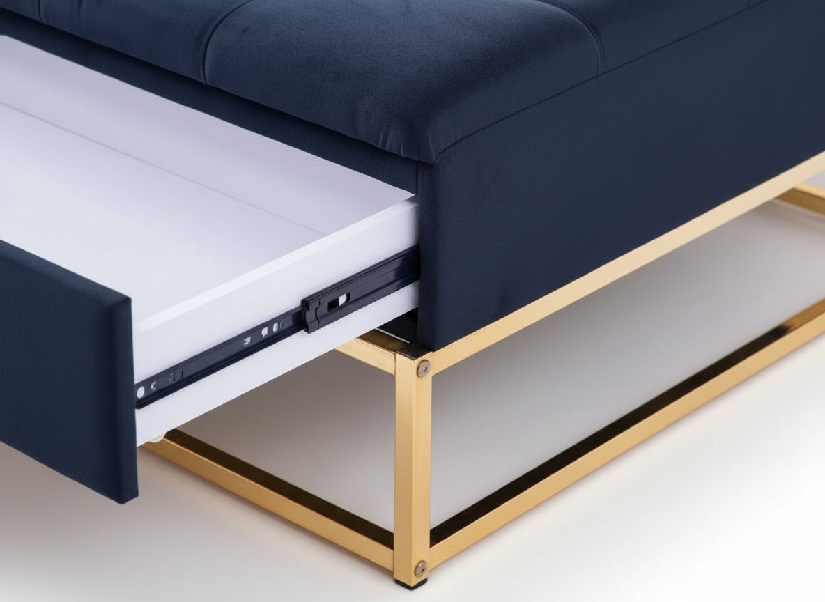 Pouf Coffre TIROIRS Carré Plateau Velours Capitonné Noir 80x80x43cm 2 Tiroirs