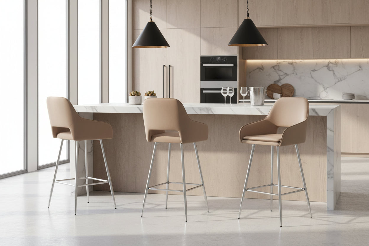 Lot 2 Tabourets de Bar Velours Taupe Chrome 47x41x104 cm ATHENA