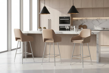 Lot 2 Tabourets de Bar Velours Taupe Chrome 47x41x104 cm ATHENA