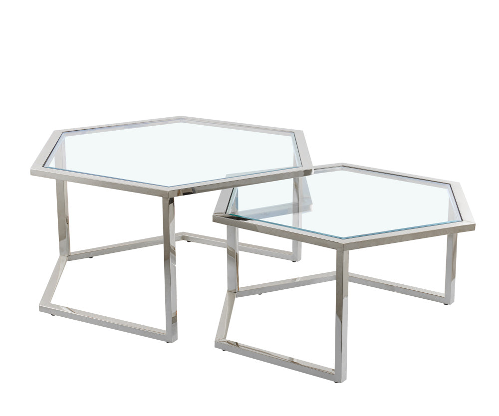 Lot 2 Tables Basses Hexagonales Verre Chrome 60x52x42 50x45x38 HEXAGONA