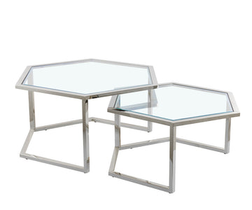 Lot 2 Tables Basses Hexagonales Verre Chrome 60x52x42 50x45x38 HEXAGONA