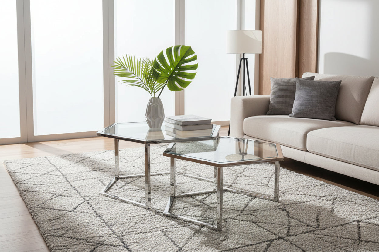 Lot 2 Tables Basses Hexagonales Verre Chrome 60x52x42 50x45x38 HEXAGONA