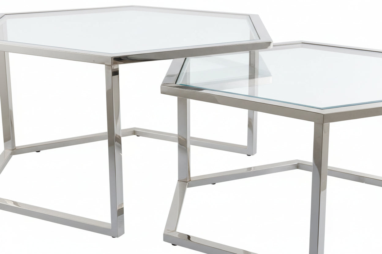 Lot 2 Tables Basses Hexagonales Verre Chrome 60x52x42 50x45x38 HEXAGONA