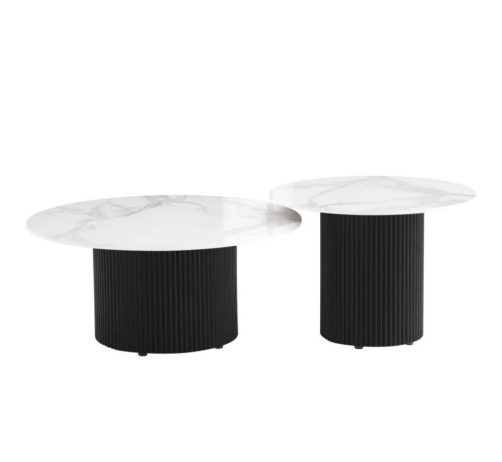 Duo Tables Gigognes Rondes Céramique Marbre Blanc & Métal Noir Ø80 cm – BAIETA