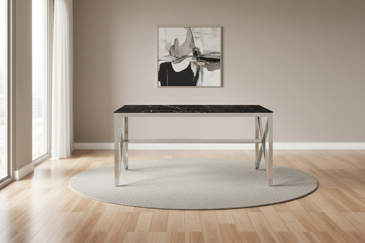 Table à manger MAJESTIQUE Chrome Plateau en verre trempé #couleur_marbré-noir