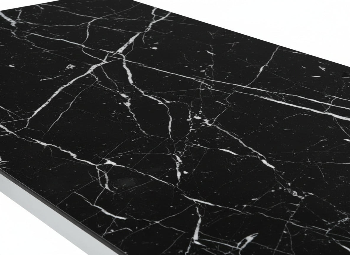 Table à Manger Chrome Verre Trempé Marbré Noir – 150×90 cm – MAJESTIQUE