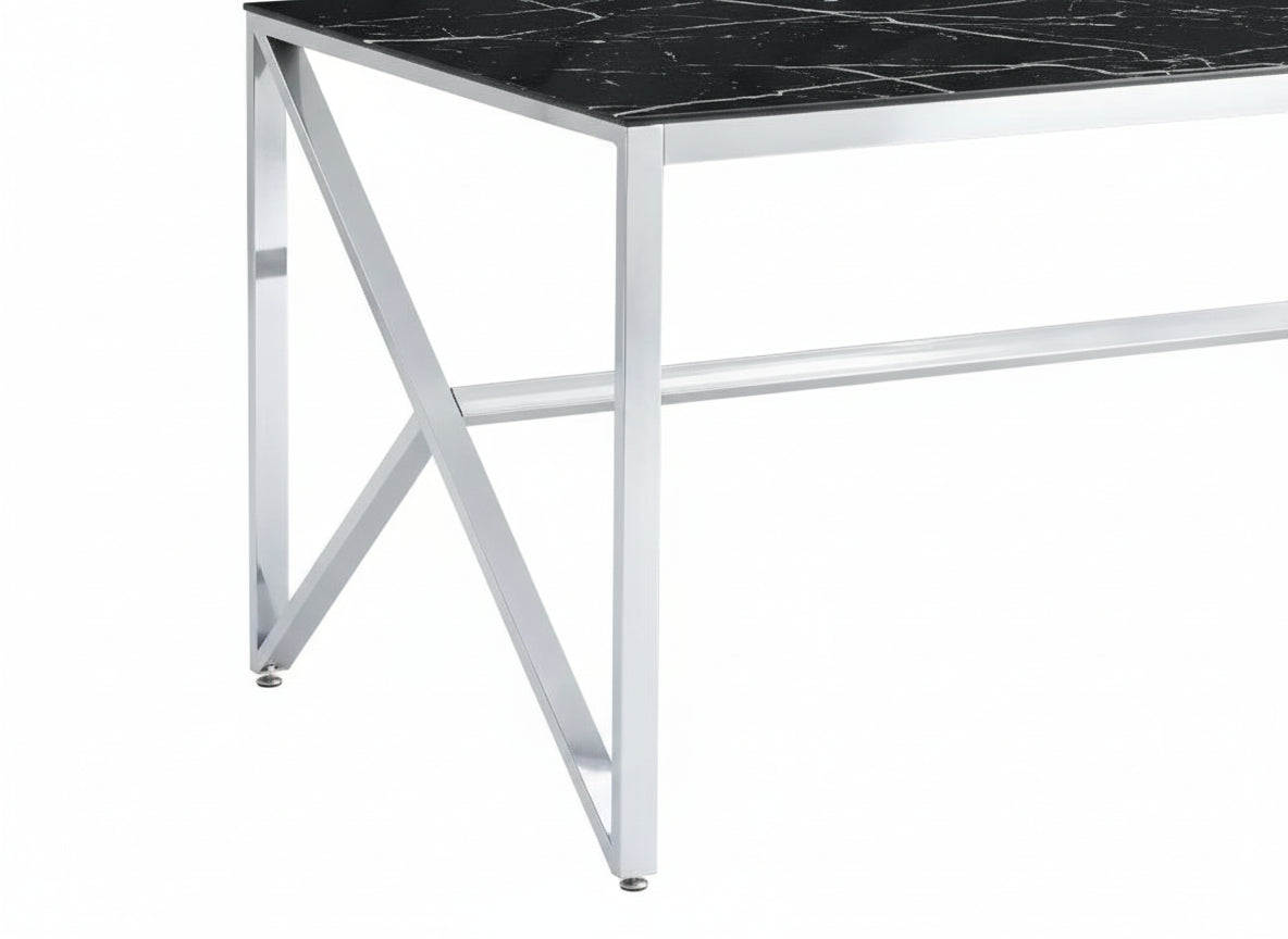 Table à Manger Chrome Verre Trempé Marbré Noir – 150×90 cm – MAJESTIQUE