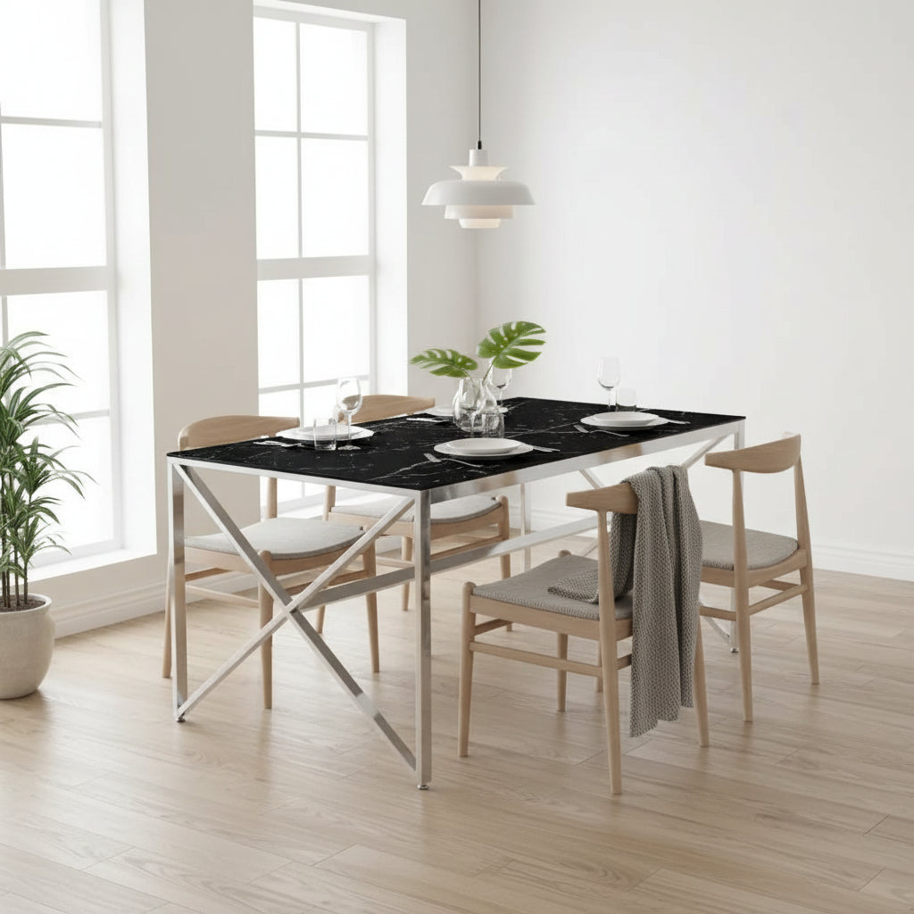 Table à manger MAJESTIQUE Chrome Plateau en verre trempé #couleur_marbré-noir