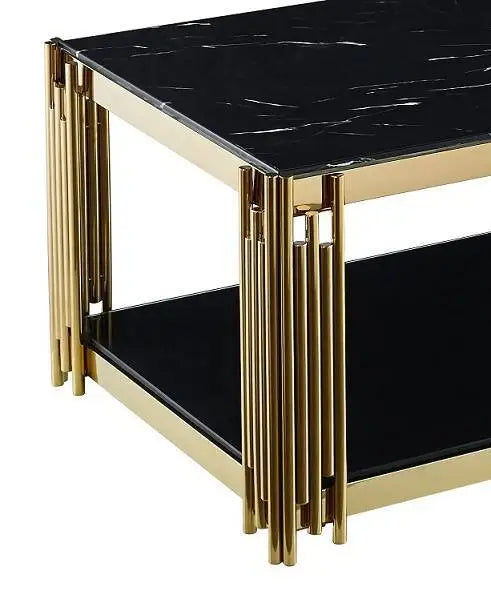 Table Basse FLUTE Rectangle Double Plateau Verre Trempé Marbré Noir Structure Gold 120x60x45cm