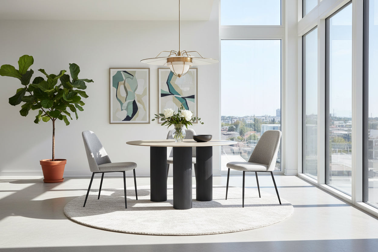 Table repas ronde céramique beige brillant 120 cm pieds noirs – ANAIS