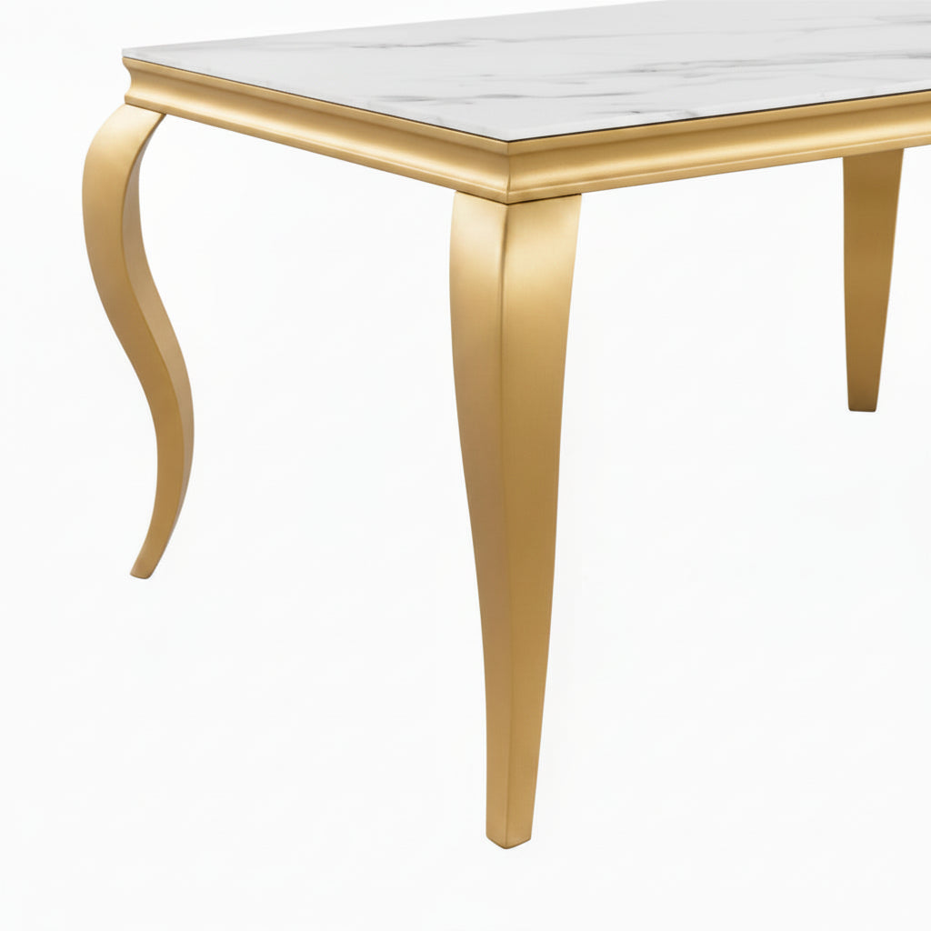 Ensemble Table à manger 180cm Plateau Marbré + 6 Chaises Velours Beige Pieds Gold #couleur_beige