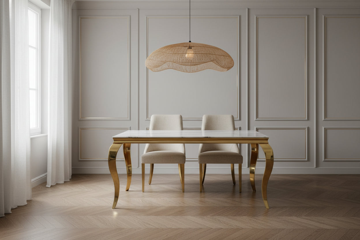 Table à manger BAROQUE 6 à 8 couverts 180x90 cm pieds gold plateau en verre effet marbré blanc
