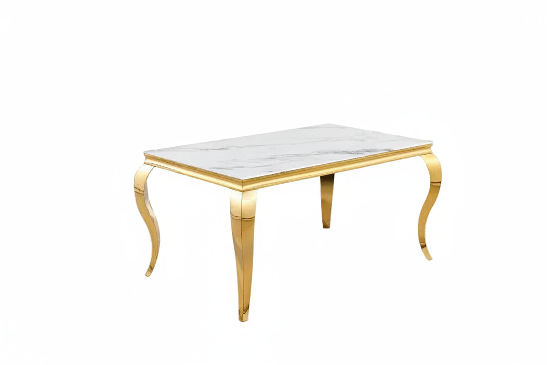 Table à manger BAROQUE 6 à 8 couverts 180x90 cm pieds gold plateau en verre effet marbré blanc