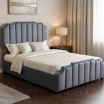 Lit adulte PEPPER  2 places 160x200 cm velours gris clouté sommier inclus