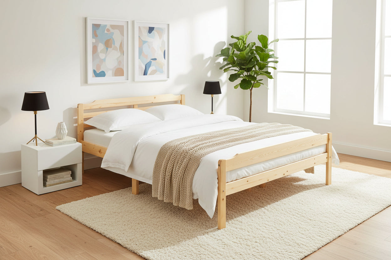 Lit double 140x190 cm pin naturel lattes sommier inclus DAVID
