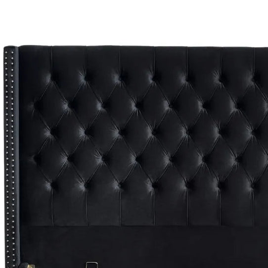Lit Coffre 2 Places 180x200 cm Chesterfield Velours Noir Clouté Sommier Inclus