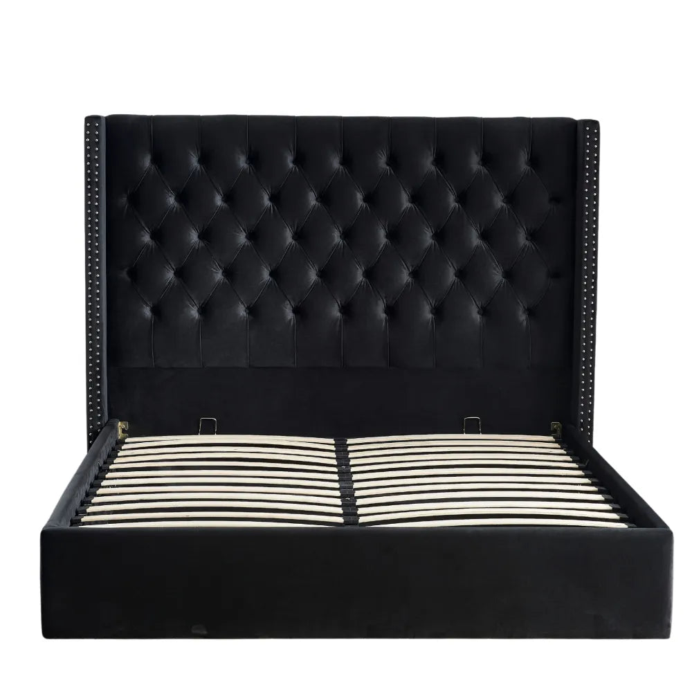 Lit Coffre 2 Places 180x200 cm Chesterfield Velours Noir Clouté Sommier Inclus