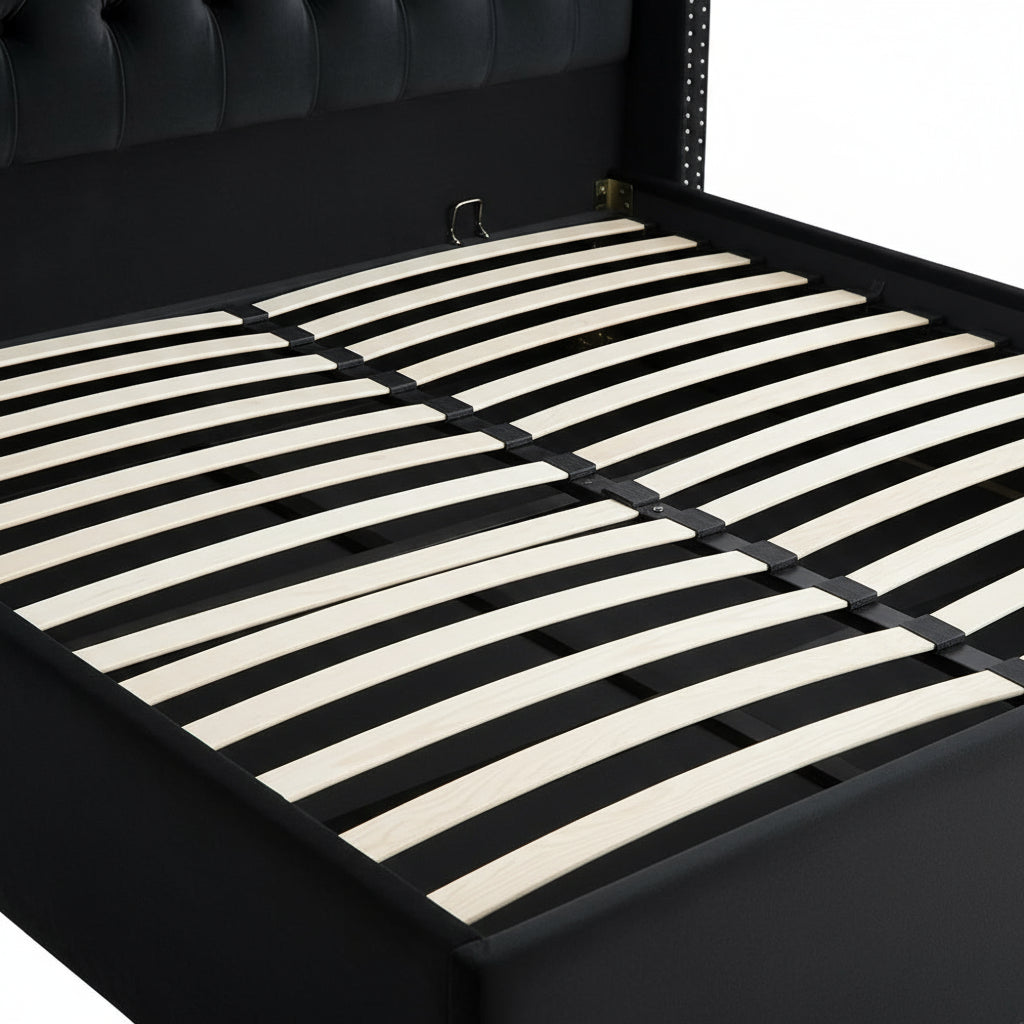 Lit Coffre 2 Places 180x200 cm Chesterfield Velours Noir Clouté Sommier Inclus