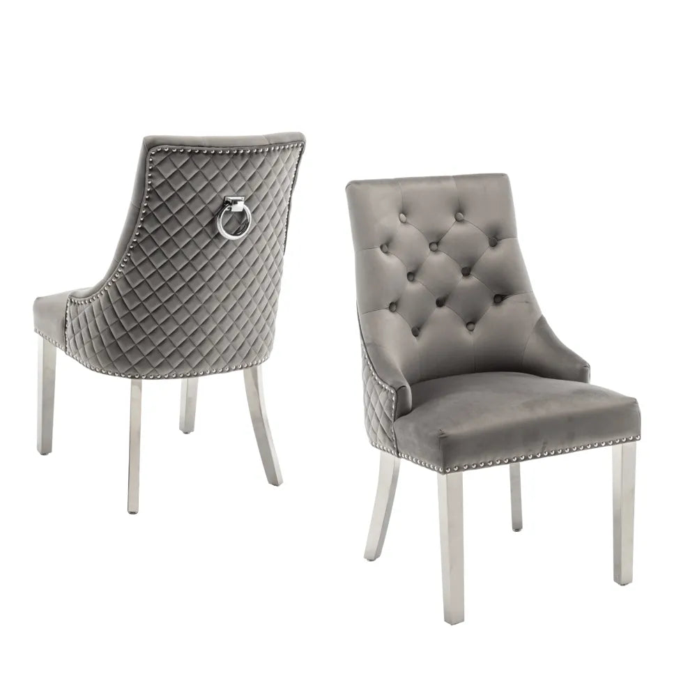Lot de 2 chaises ANNEAU matelassée et cloutée Chrome velours - Anthracite