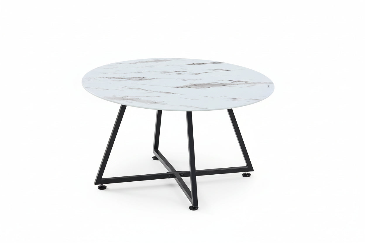 Table Basse Ronde HELOISE Métal Noir Plateau Céramique Effet Marbre Blanc D80xH45cm