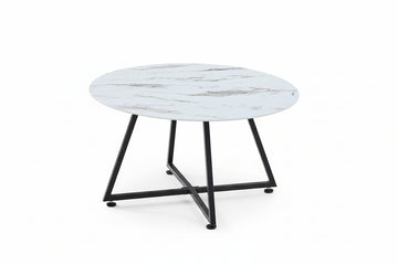 Table Basse Ronde HELOISE Métal Noir Plateau Céramique Effet Marbre Blanc D80xH45cm