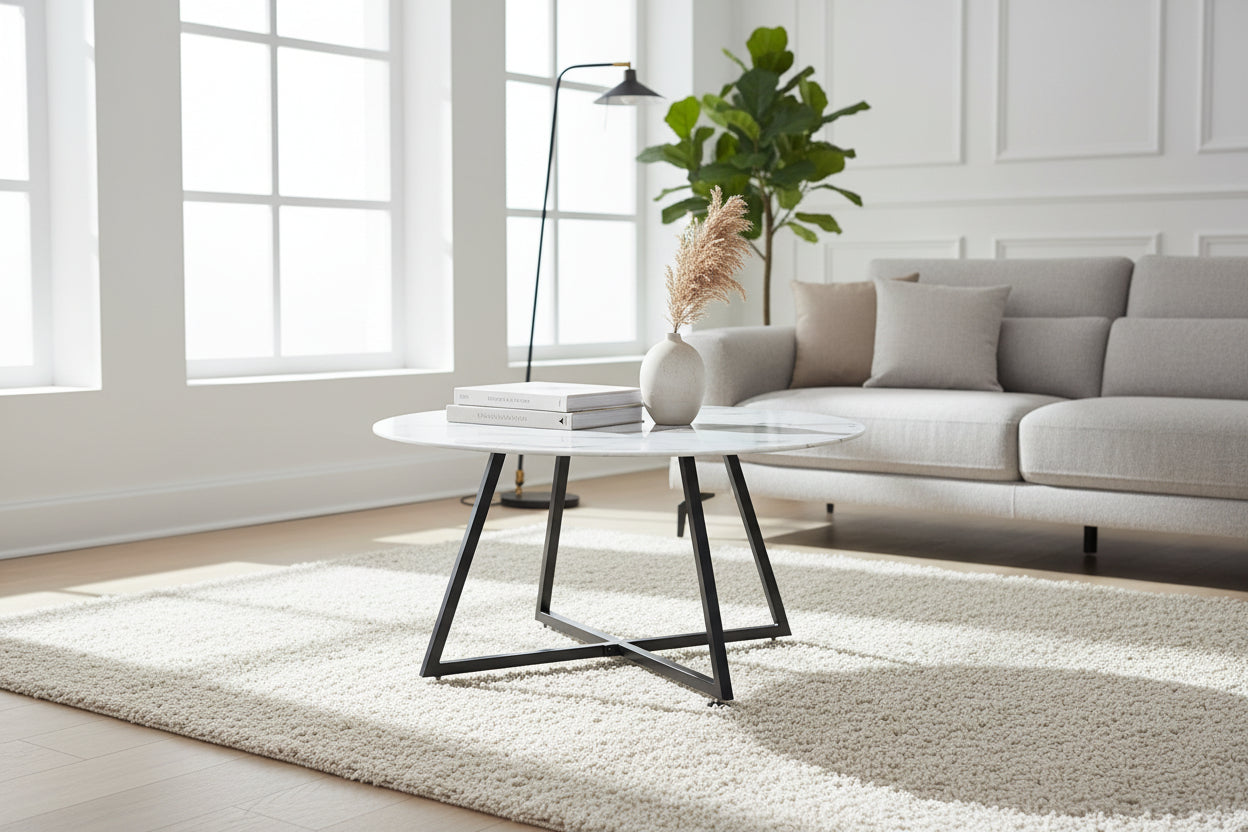 Table Basse Ronde HELOISE Métal Noir Plateau Céramique Effet Marbre Blanc D80xH45cm
