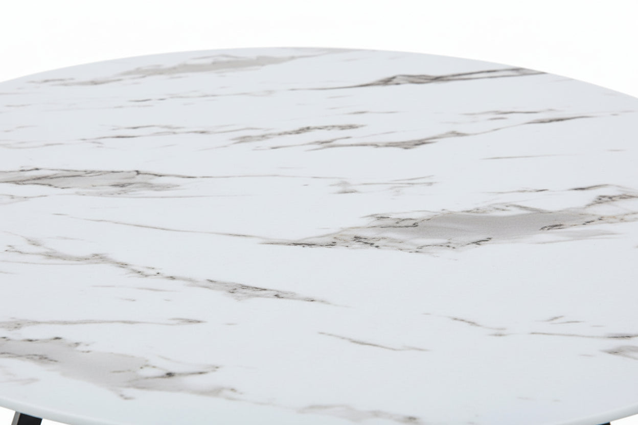 Table Basse Ronde HELOISE Métal Noir Plateau Céramique Effet Marbre Blanc D80xH45cm