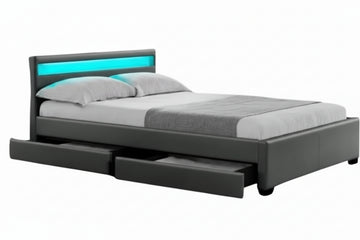 Lit adulte 2 places 140x190 cm gris avec tiroirs LED sommier inclus