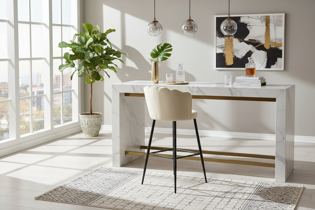 Lot 2 tabourets bar velours beige réglables métal noir NYMPHEA