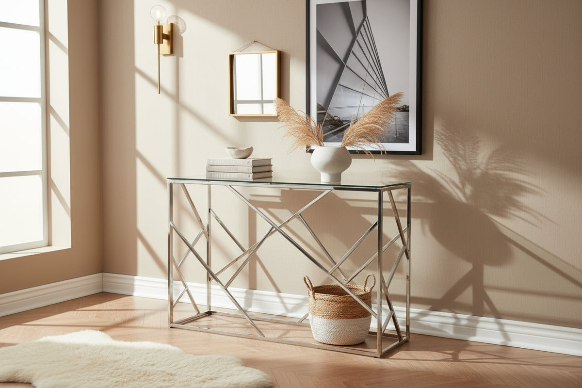Console Inox Console Inox Verre Transparent 120x40x78 cm GEOMAG – Homy France