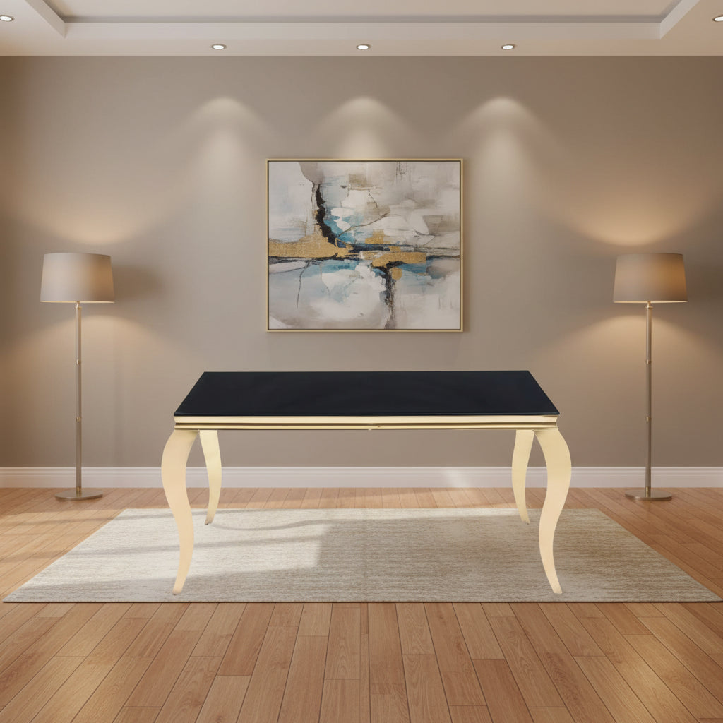 Table à manger BAROQUE 4 à 6 couverts pieds gold plateau en verre 150x90 cm #couleur_noir